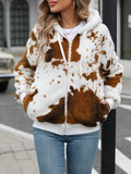 Yellow-brown animal print hooded zip-up cardigan jacket with regular sleeves