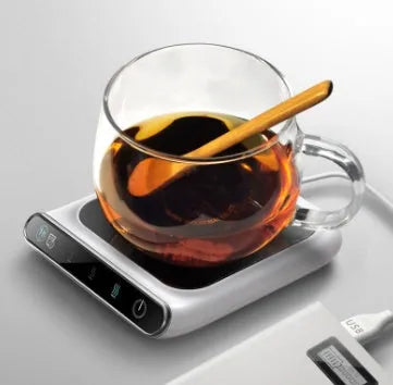 Black USB cup warmer with tempered glass heating plate and temperature controls