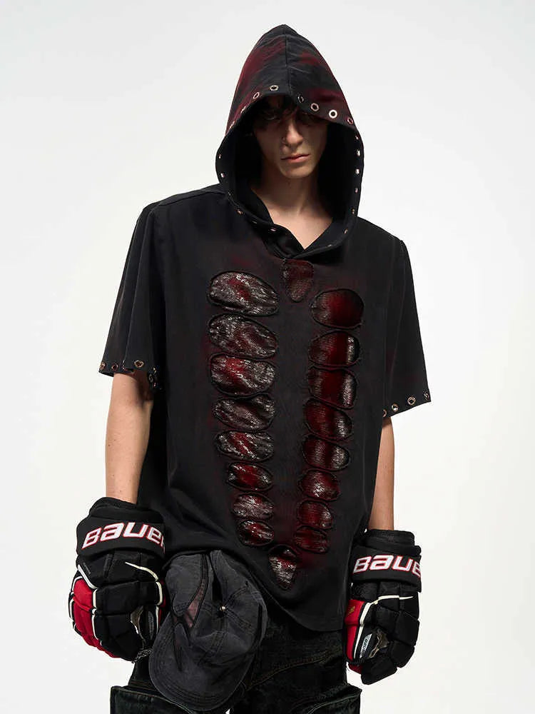 Black men's hooded short-sleeve t-shirt with scattered sequins on loose-fit casual design