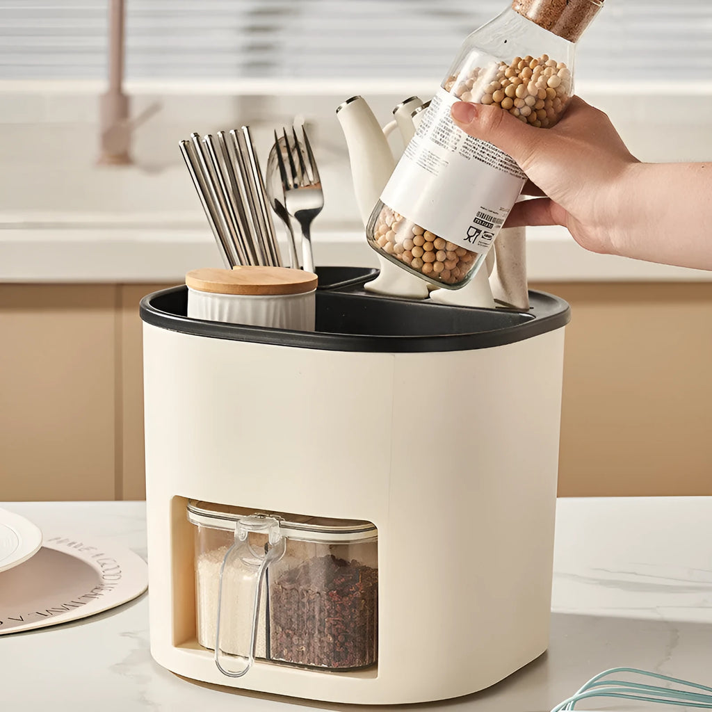 White rotating kitchen storage bucket with separate four-section spice box organiser on countertop.