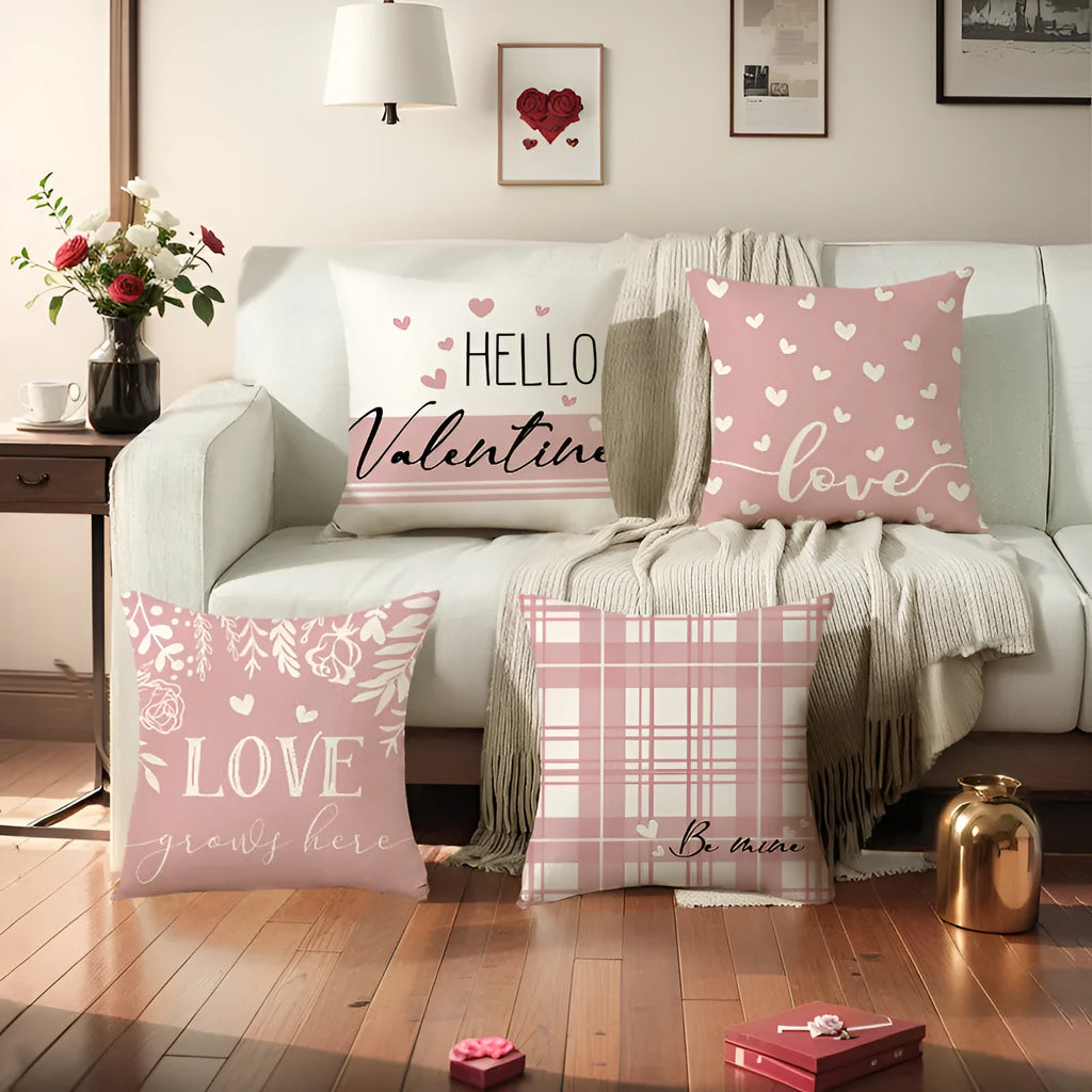 Square plaid fabric pillow cover with a printed red heart, shown in a 45cm size.