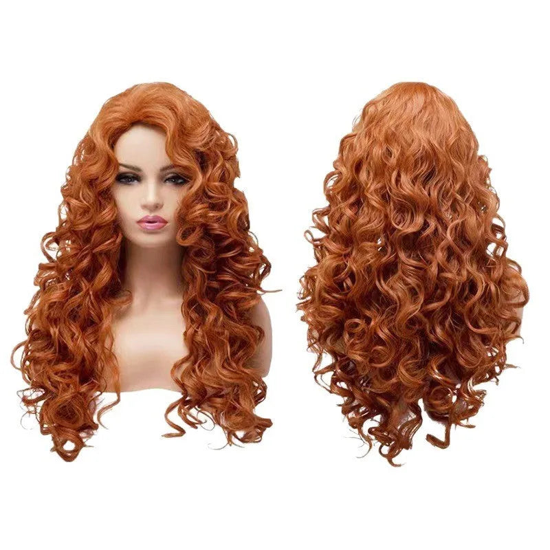 Brown long wavy curly synthetic wig on wig head for Halloween cosplay