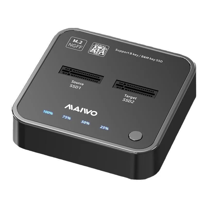 MAIWO K3016 M.2 SSD dock copier unit with data cables and power adapter on a desk.