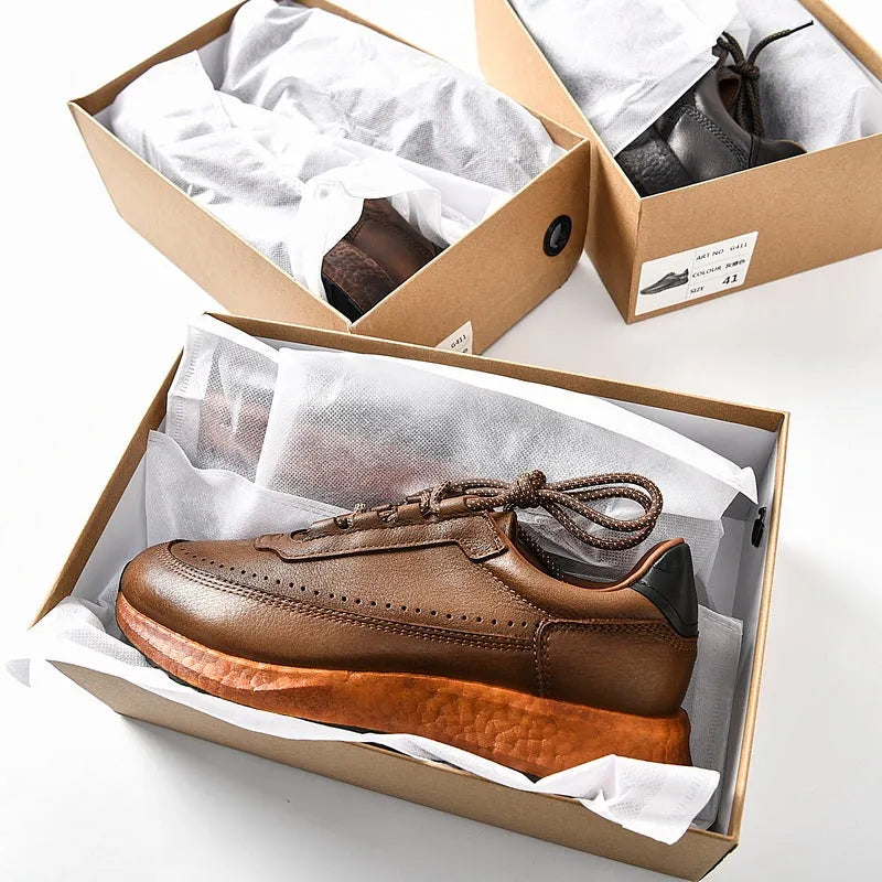 Men's first layer cowhide retro sports casual shoes, lace-up, rubber sole, Brown Coffee Grey, sizes 39-45.