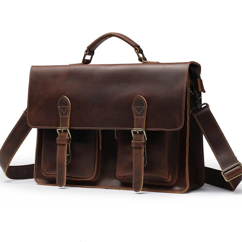 Cowhide leather crossbody computer bag in dark brown with business styling and anti-theft features