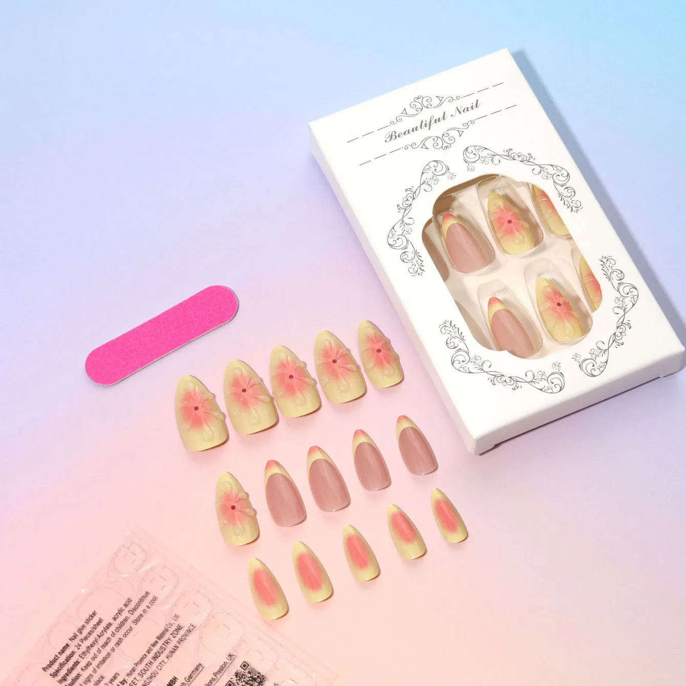 Set of plastic fake nails with raised cartoon flower designs, jelly glue, and a nail file on a pink background.