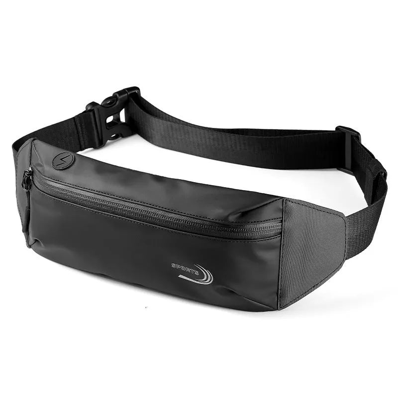 Men's blue waterproof sports waist bag with secure fastening, shown with dimensions