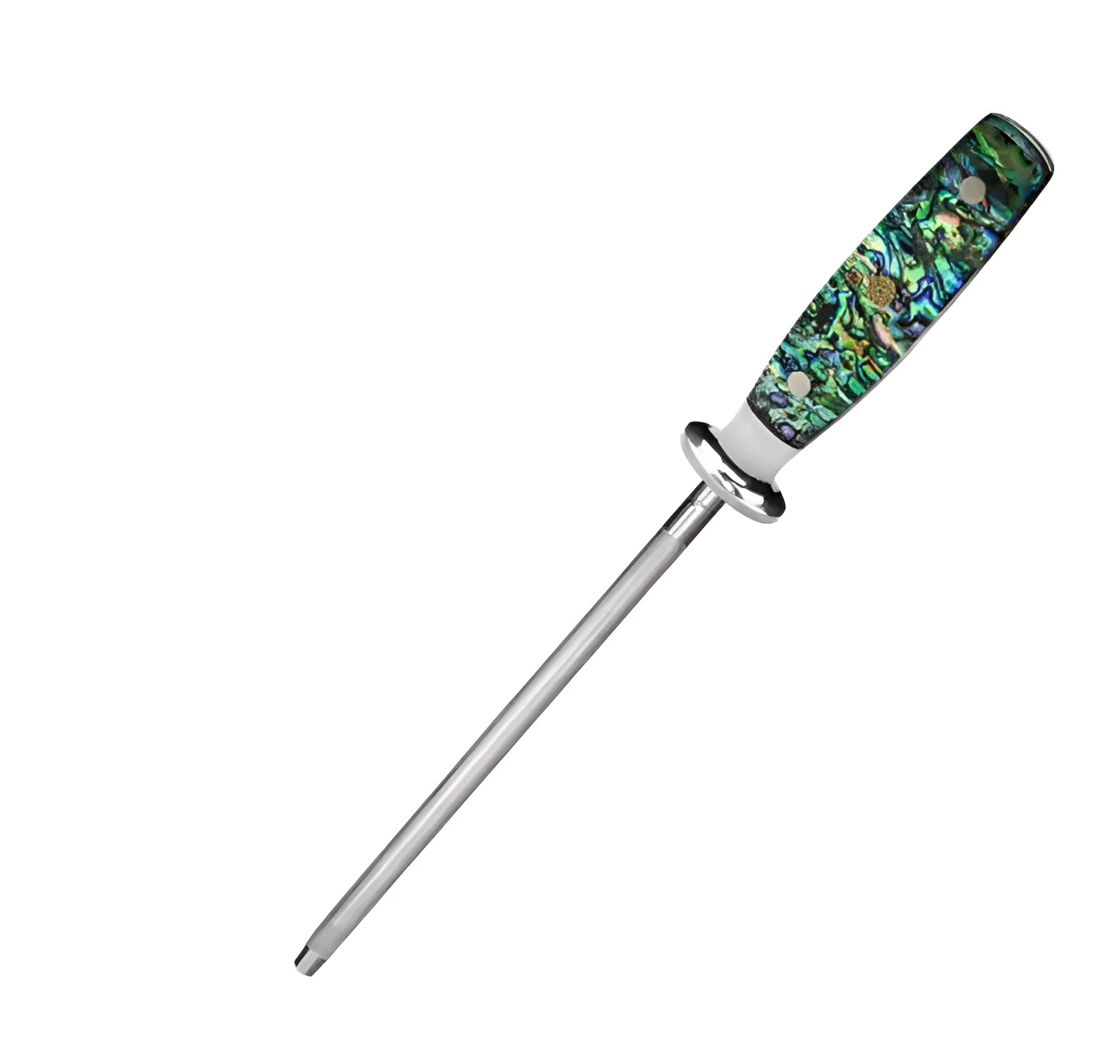 Manual high-carbon steel knife sharpener with abalone shell handle.