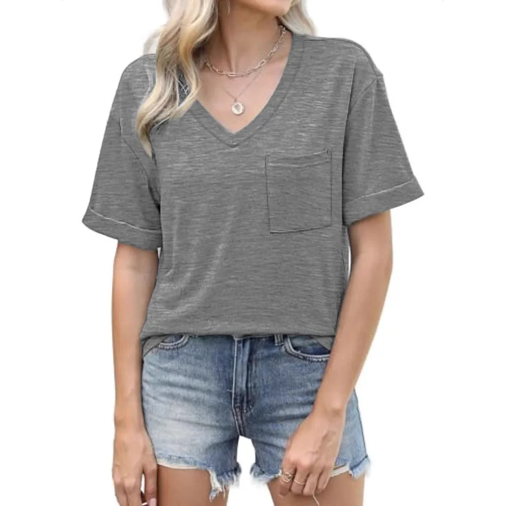 Grey loose fit V-neck short sleeve t-shirt with a chest pocket on a solid background.