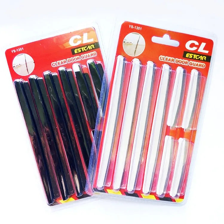 White plastic car door side bumper strip set for scratch protection.