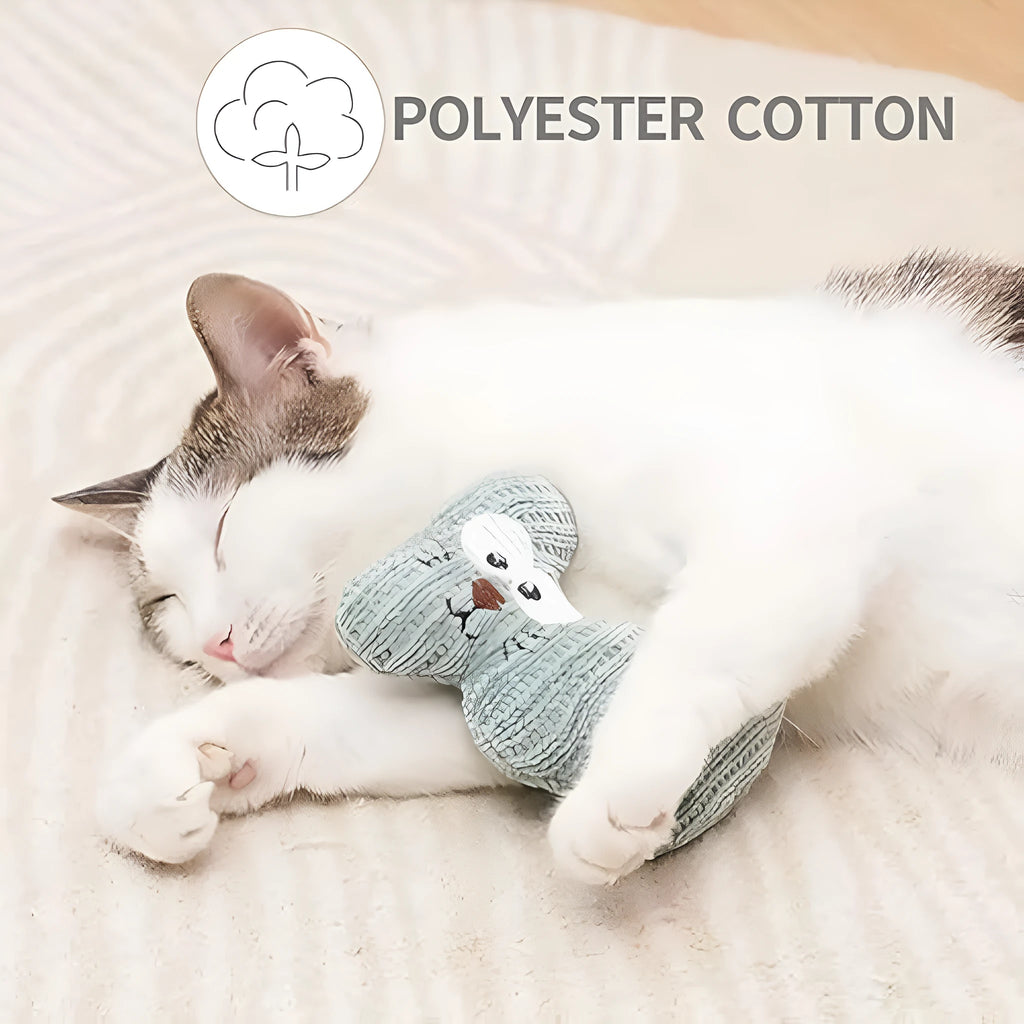 Cyan and light coffee plush cat toy with rope, containing catnip and a bell