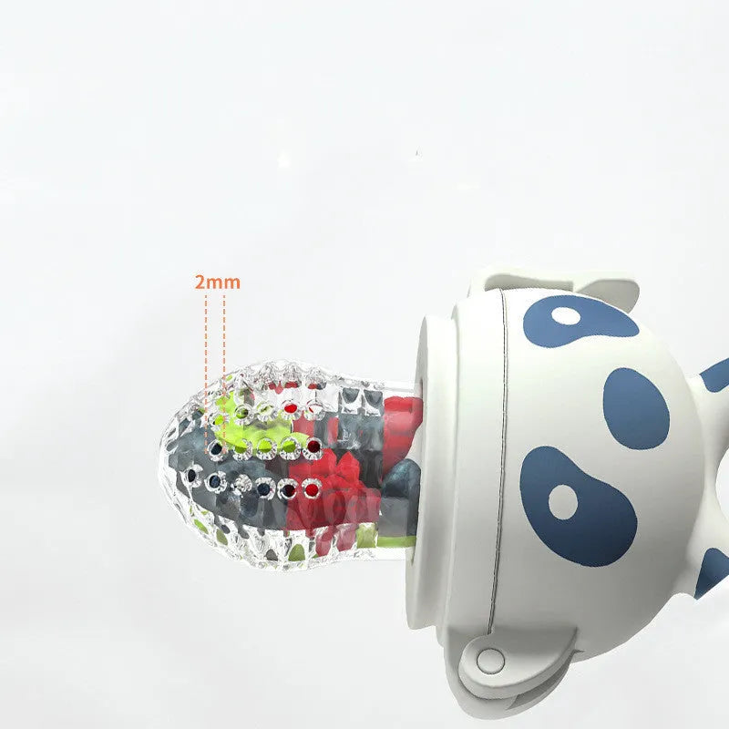 Blue edible silicone baby teether feeder stick with fruit supplement bag