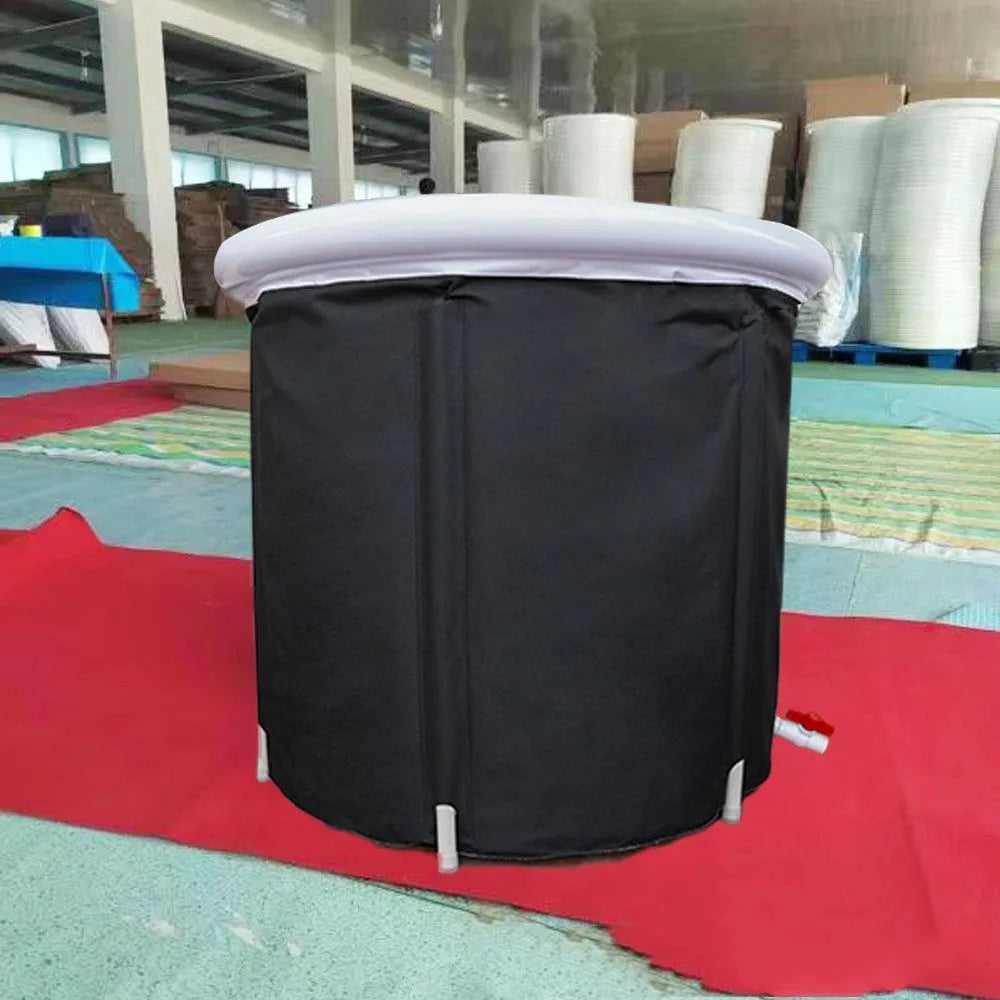 Black inflatable portable ice bath tub with insulation, shown with weather lid and pump.