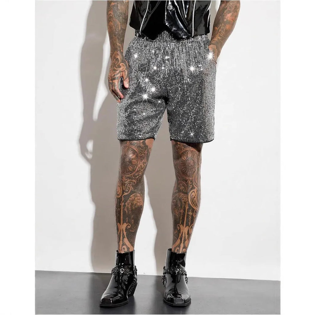 Men's silver sequin shorts with straight cut design and elastic waistband
