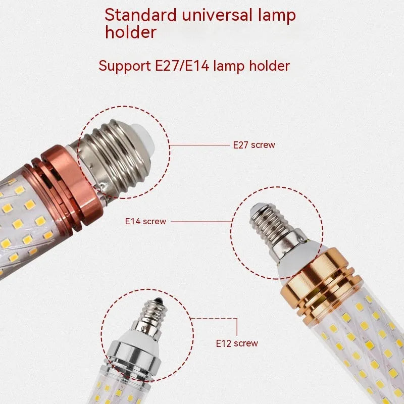 E14 screw base LED corn light bulb showing 60 yellow LED beads and three colour temperature settings.