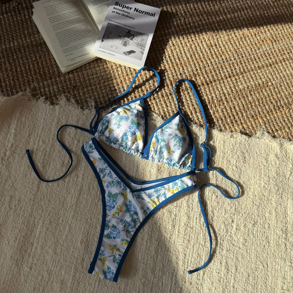 New women's split leopard print printed polyester bikini in brown, gold, and floral colours, sizes S M L