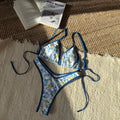 New women's split leopard print printed polyester bikini in brown, gold, and floral colours, sizes S M L