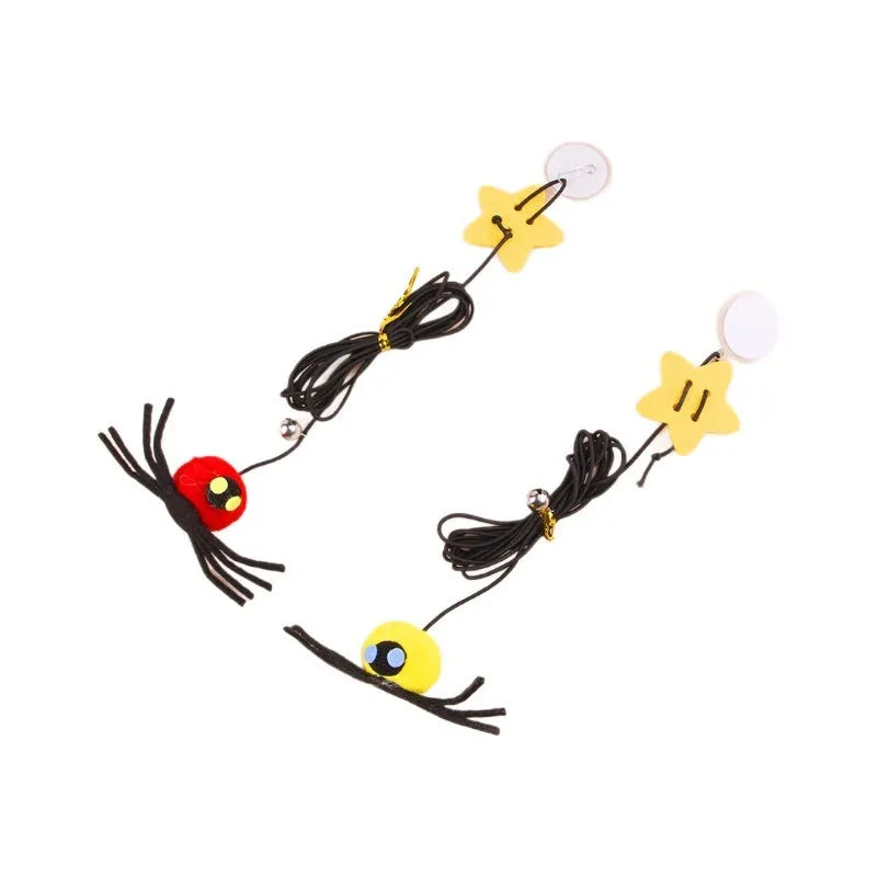 Hanging door cat toy with elastic rope, feather and bell spider accessory in red colour