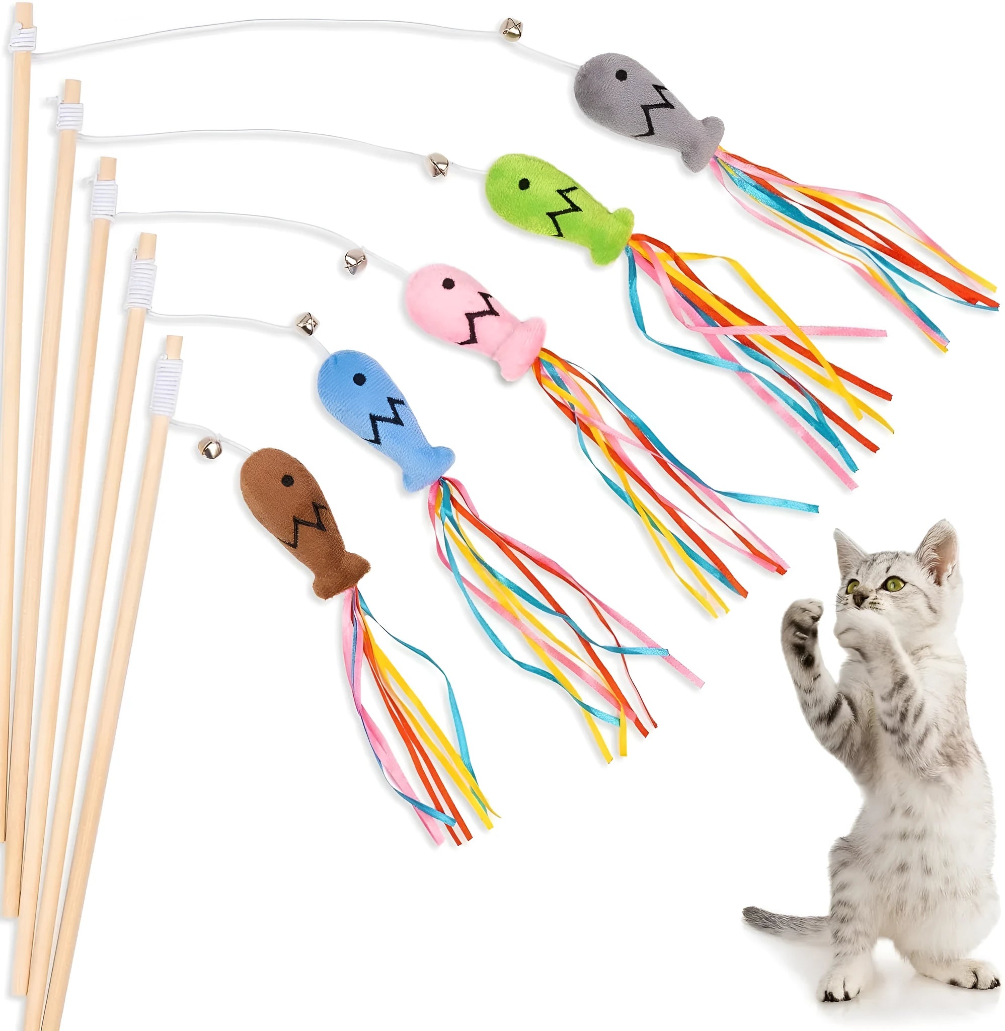 Blue cat wand toy with catnip fish, colourful ribbons, bell and a wooden handle on a white background.