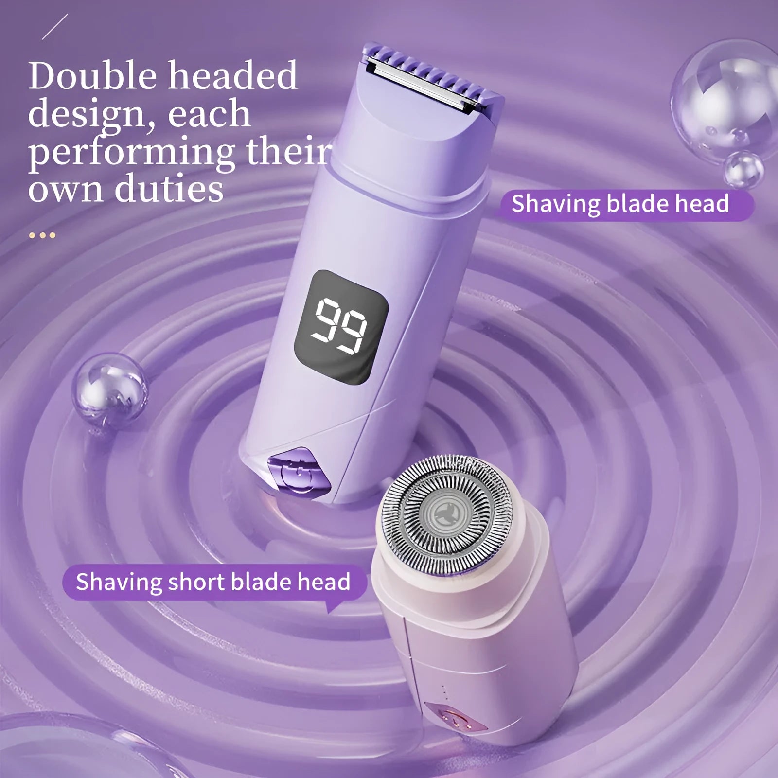 Digital display Type-C women's shaver in gradient purple with USB cable