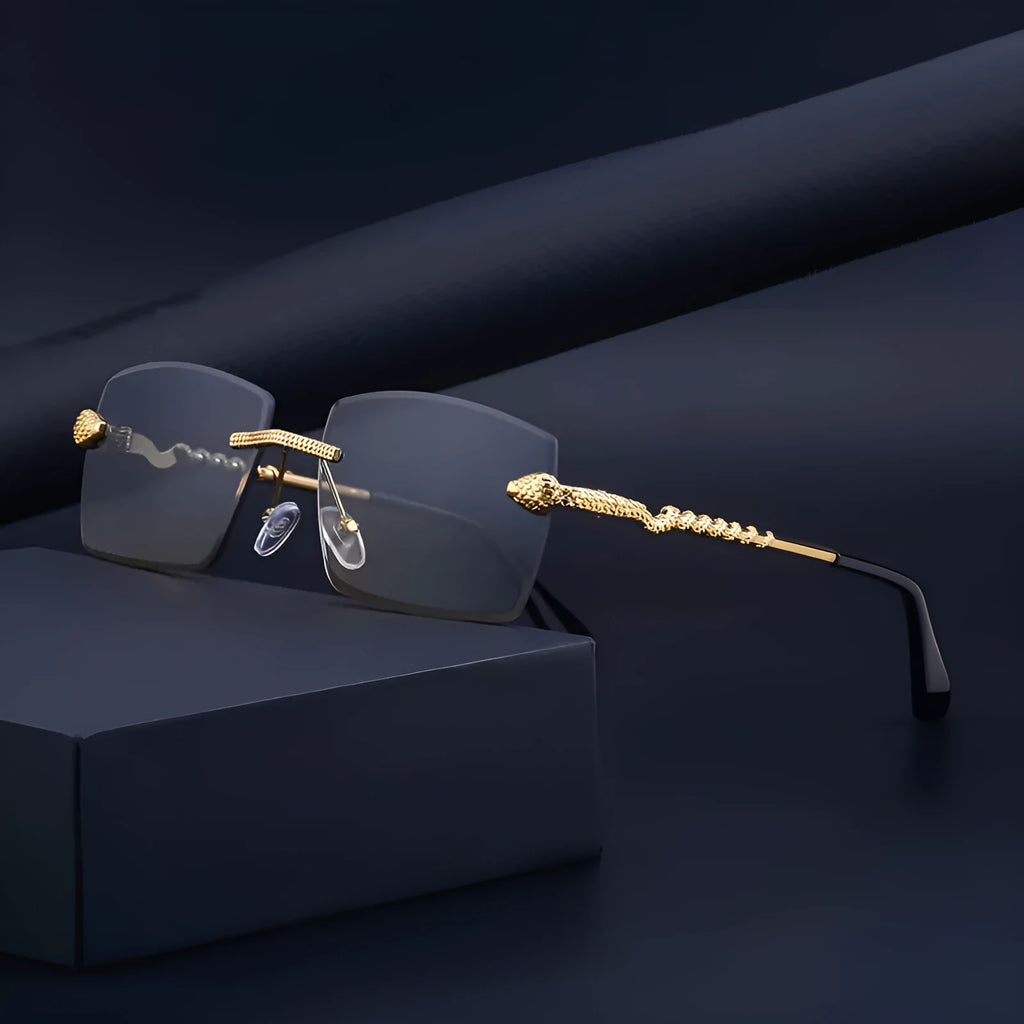 Rimless sunglasses for men with UV400 PC lenses and gold tea wood-grain arms in six colour options