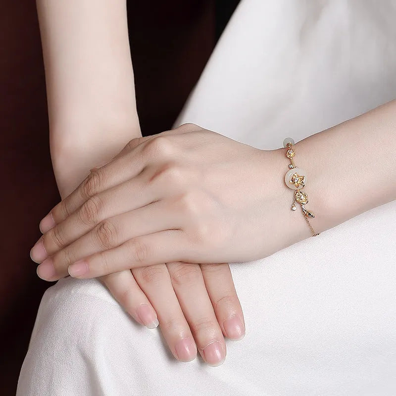 Hetian jade and 925 silver peace buckle bracelet with auspicious patterns in antique retro style