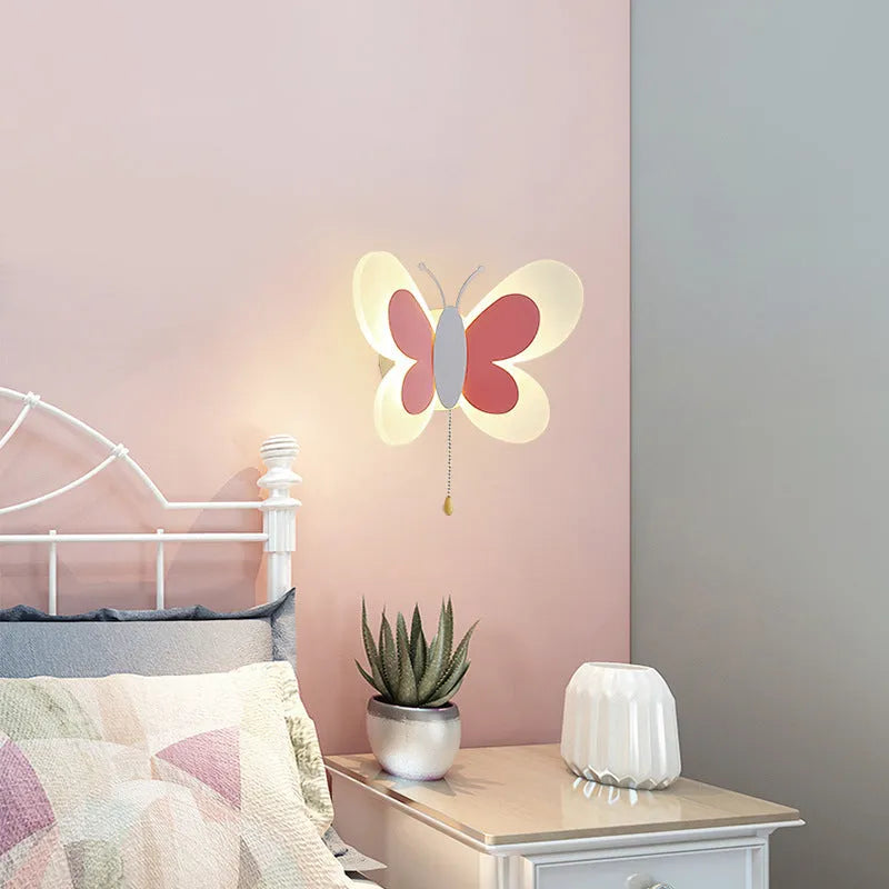 Butterfly-shaped acrylic children bedroom wall lamp in pink and white with cartoon design 240x170x105mm
