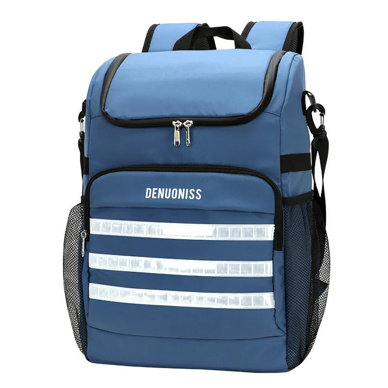 Insulated 20L beer backpack with shoulder-mounted bottle opener in black, blue, pink, or red