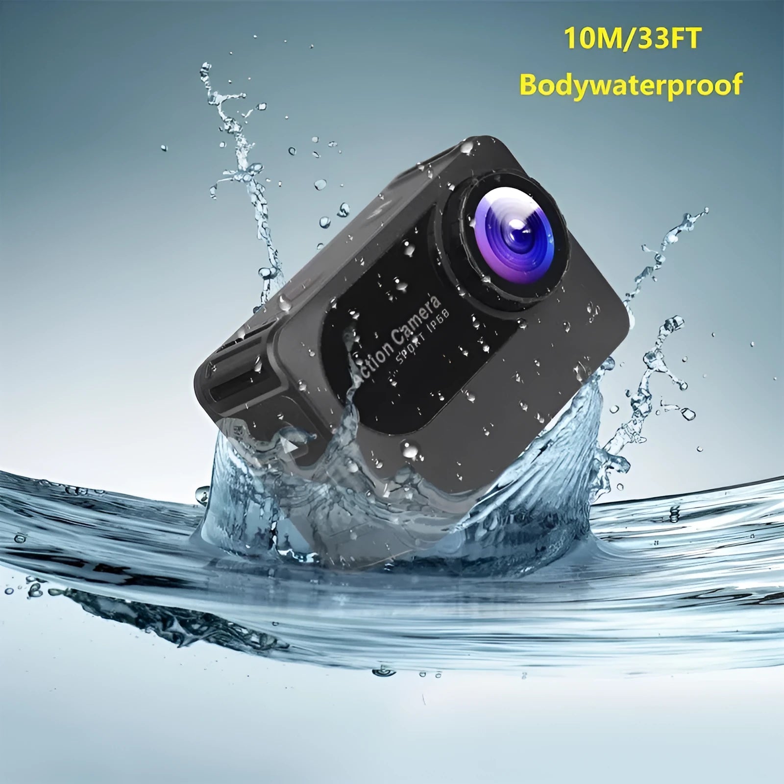 Black plastic action camera with touch screen and wide-angle lens, shown with USB cable.
