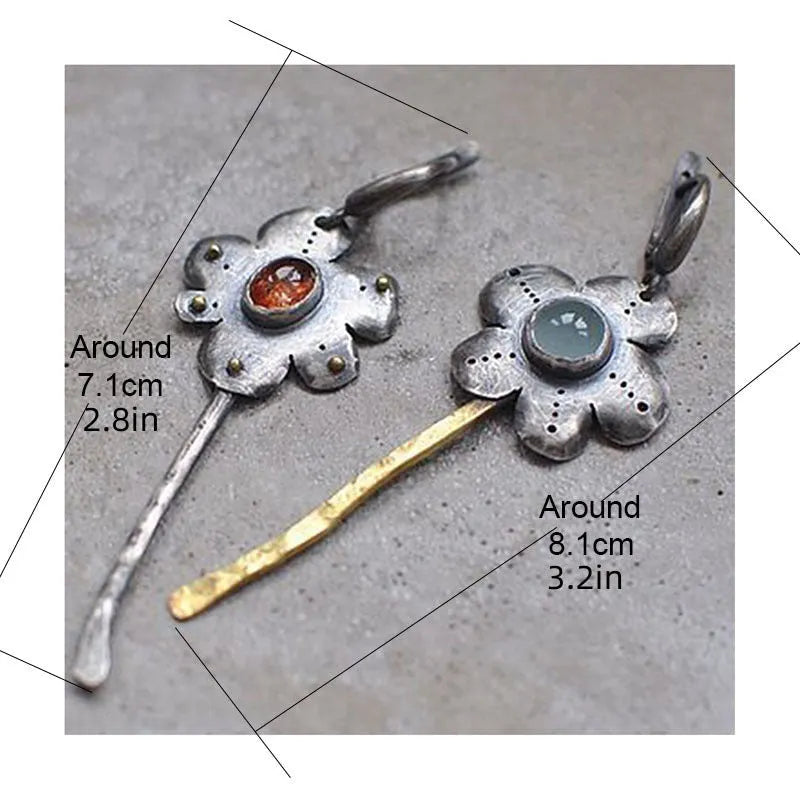 Retro geometric flower drop earrings with asymmetrical two-tone electroplated finish