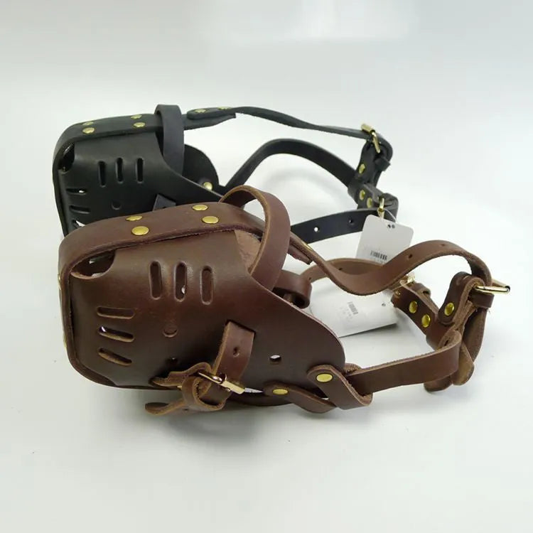 Black cowhide dog muzzle for medium and large dogs with basket design, sizes L and M