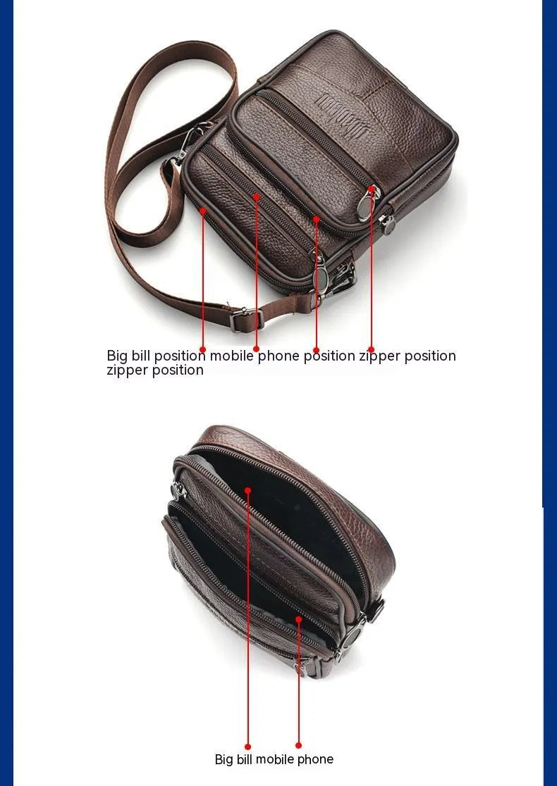 Men's leather waist bag in black or dark brown, worn as waist bag, shoulder messenger bag, or belt pouch
