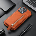 Black zipper TPU leather phone case wallet with card holder and kickstand bracket for iPhone