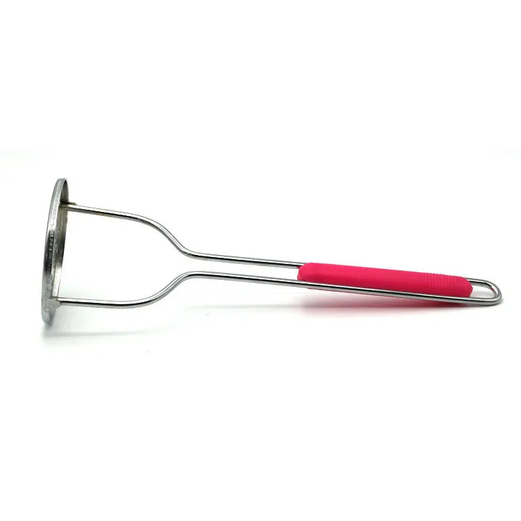 Manual potato masher with flower-shaped iron plated head and wooden handle on white background