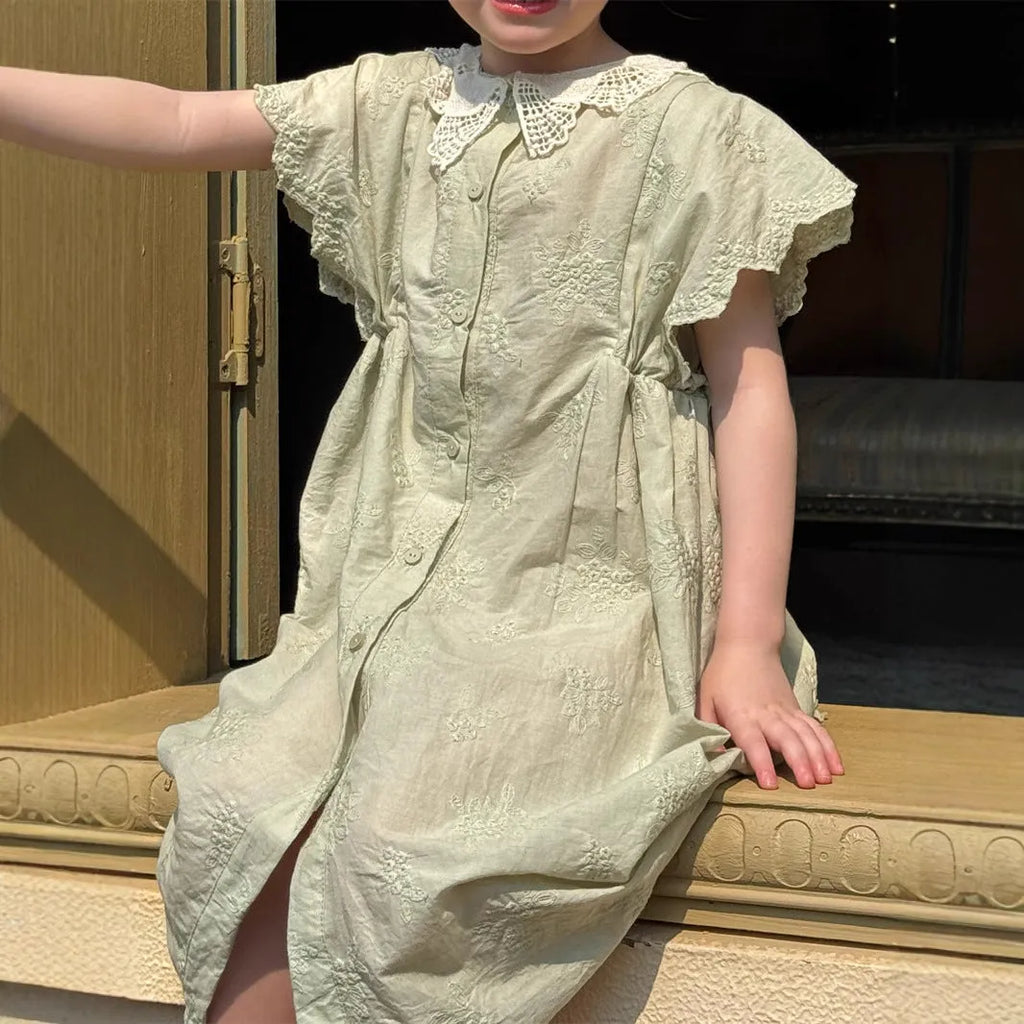 Light green cotton floral A-line dress for girls, short sleeves, pastoral style, suitable for heights 90 to 140cm