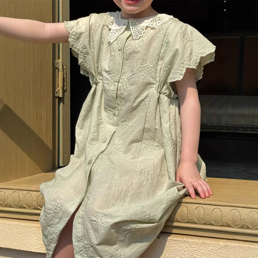 Light green cotton floral A-line dress for girls, short sleeves, pastoral style, suitable for heights 90 to 140cm