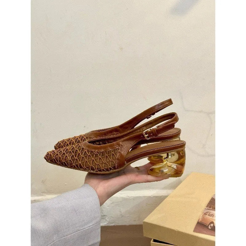 Women's square toe slingback sandals with woven toe cap detail in apricot colour