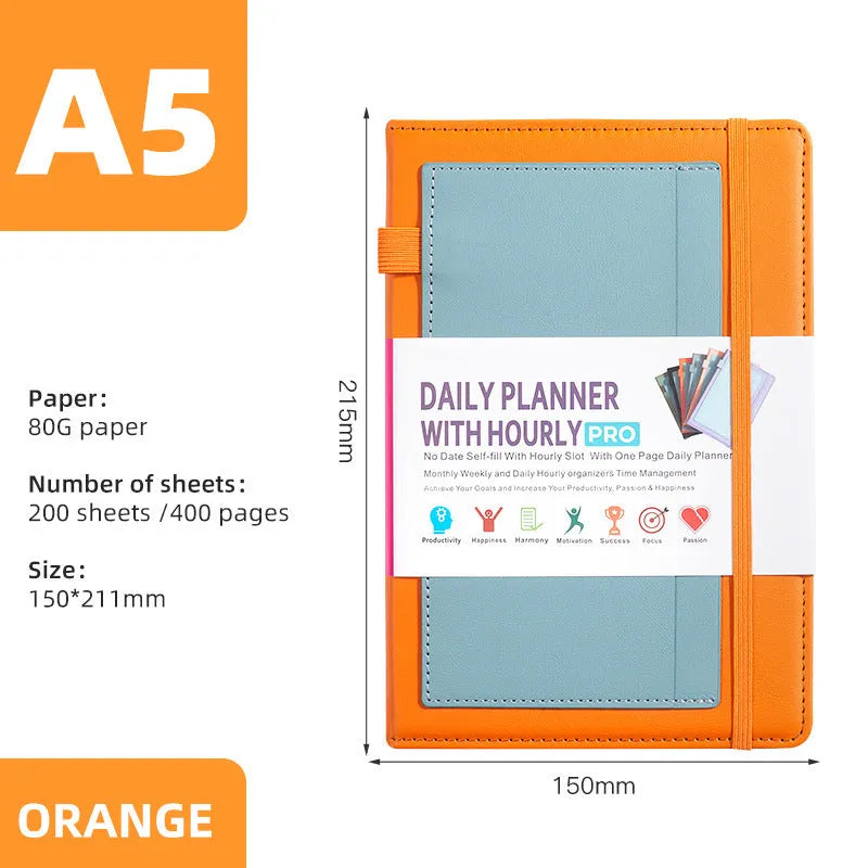 A5 notebook with PU leather cover in various colours, shown open to reveal blank pages and planning stickers.
