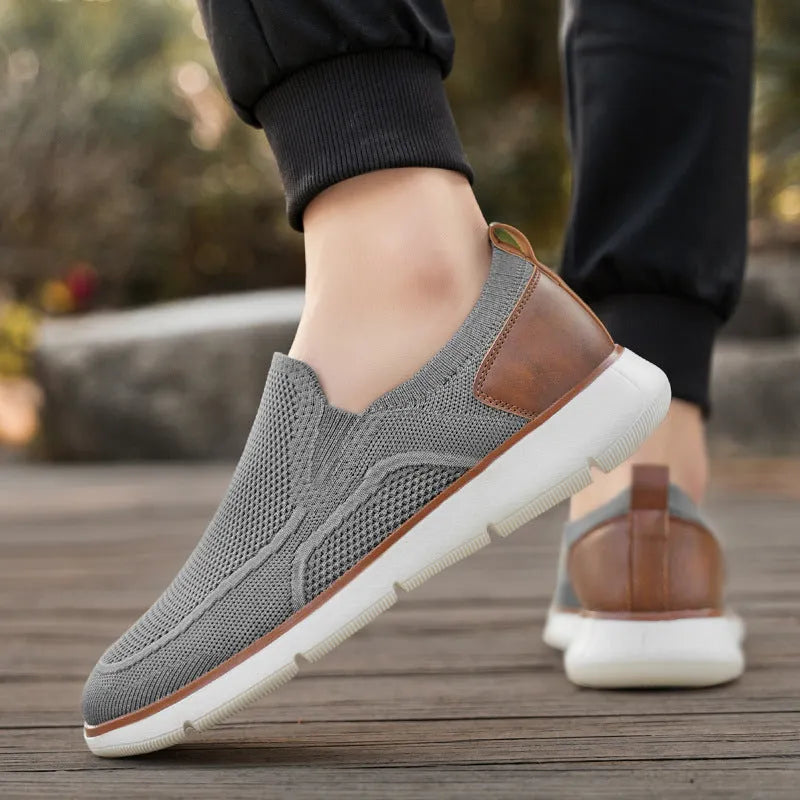 Breathable fly woven mesh men's casual shoes in khaki with hollow-out design and flat heel