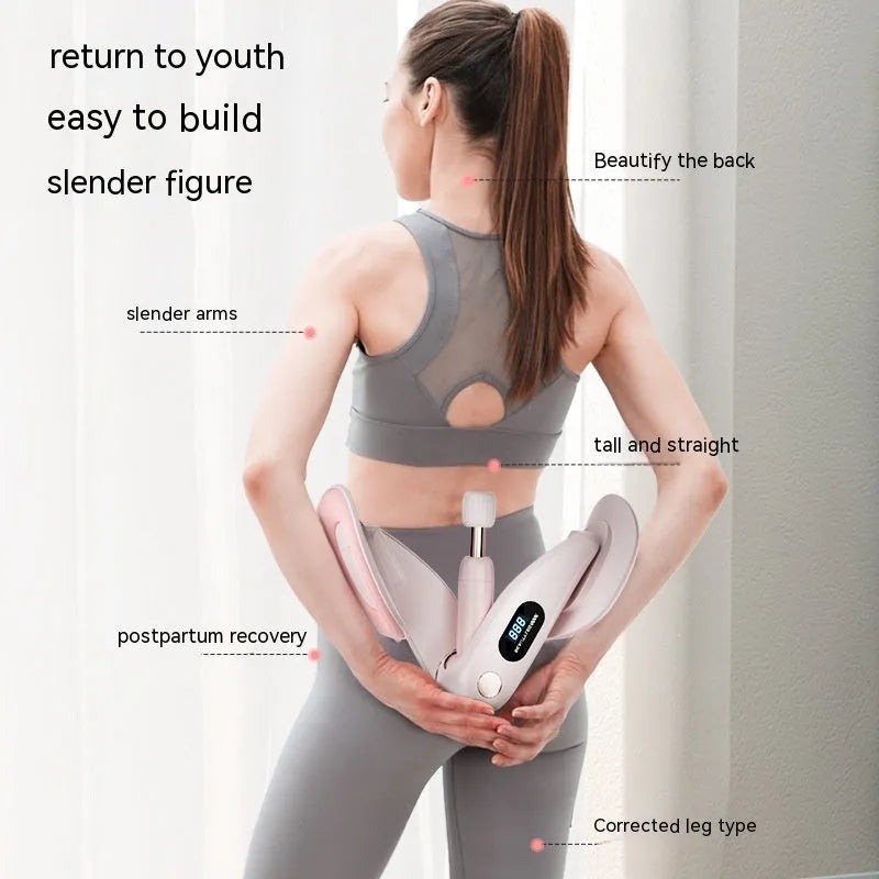 Grey coloured pelvic floor muscle trainer with a counter display, held in hand.