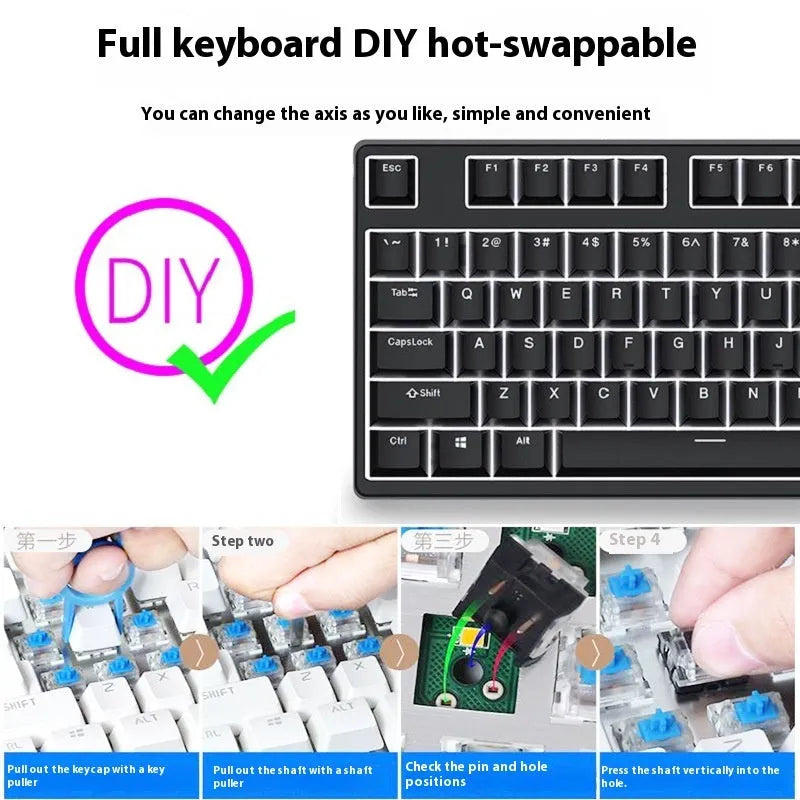 87-key wired mechanical gaming keyboard with hot-swappable switches in dual-colour keycap configuration