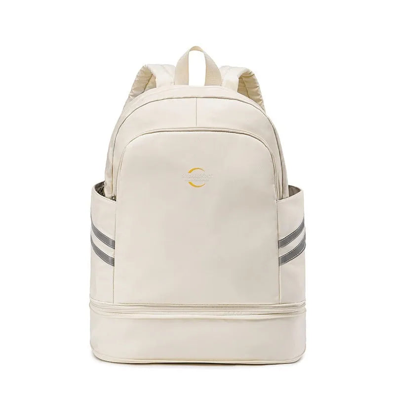 Solid colour polyester backpack with dry wet separation compartments and curved shoulder straps