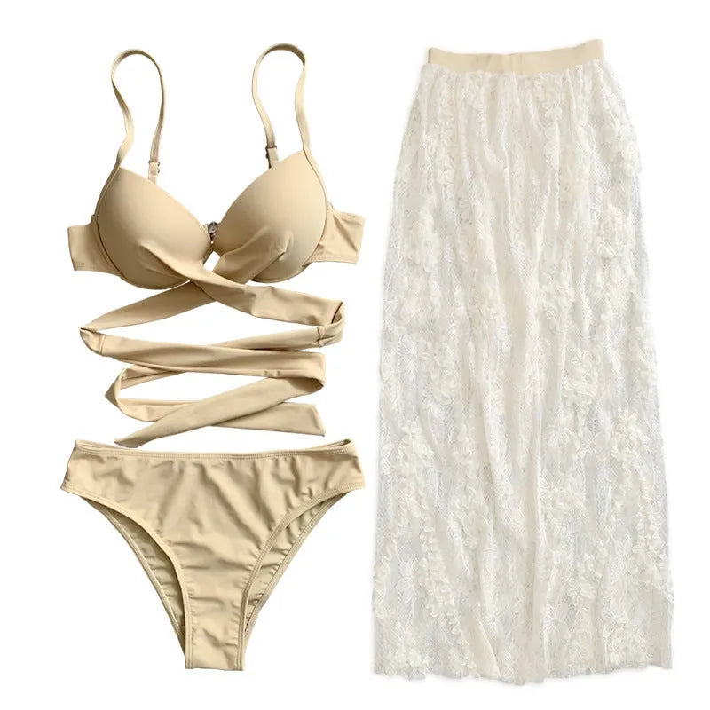 Women's split three-piece backless push up bikini set in polyester fabric