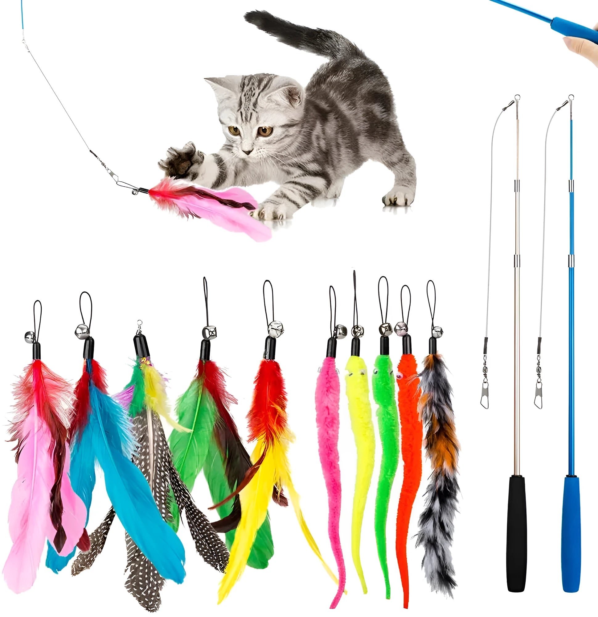 Cat teasing fishing rod toy with feather lures and interchangeable heads for interactive indoor play
