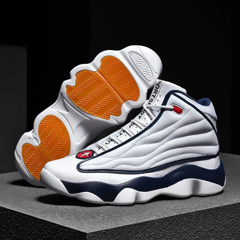 Men's high-top basketball shoes in AJ13 white red colourway with thick rubber sole and mesh upper.