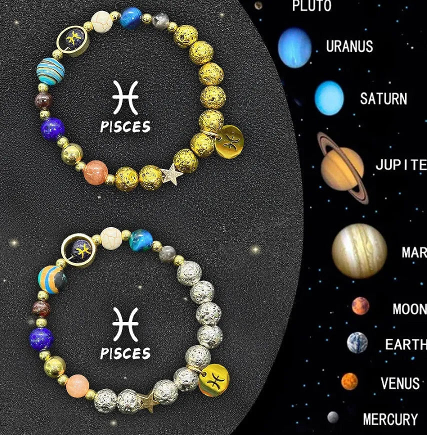 Set of two natural stone beaded bracelets featuring Chinese zodiac animal charms on a white background.