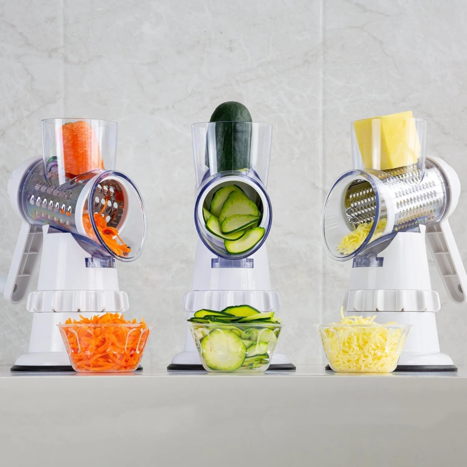 White 3-in-1 vegetable slicer manual kitchen gadget with suction feet and stainless steel blades