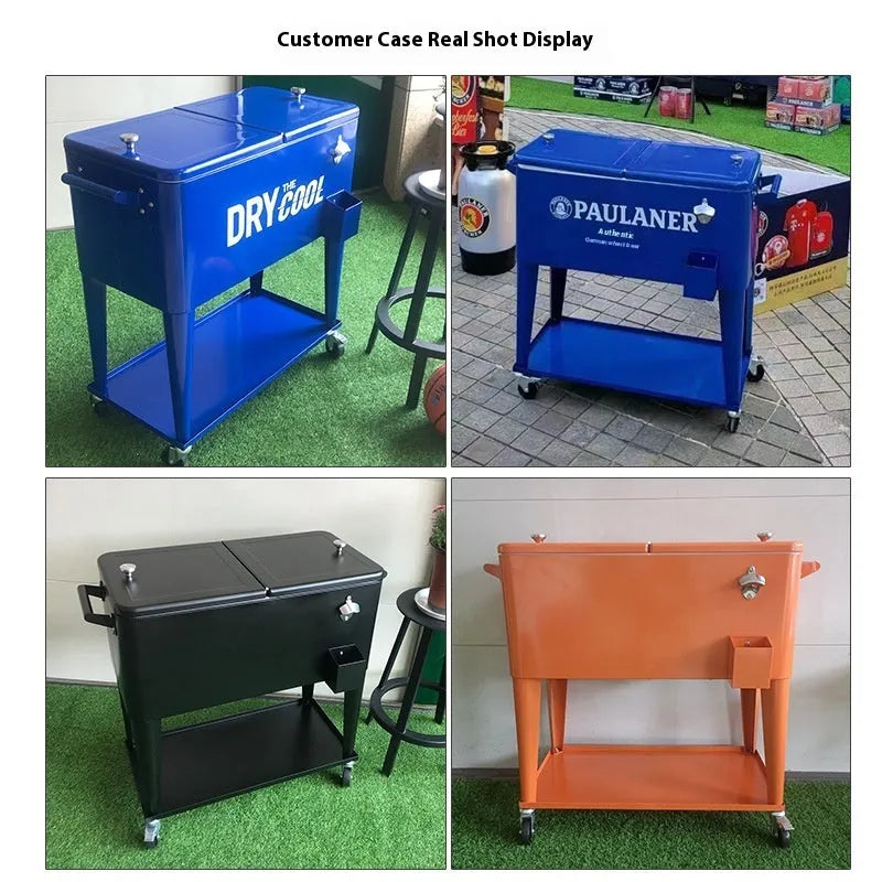 Red outdoor metal insulated trolley with 750 capacity for picnic and ice pack transport