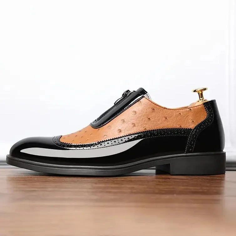 Men's ostrich grain embossed Chelsea boots, pointed toe, space leather, rubber sole, low top, black, blue, light brown, size 39 to 47
