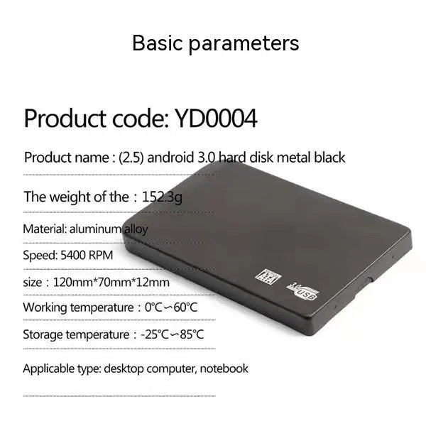 Silver USB 3.0 external solid state hard drive with data cable on a desk.